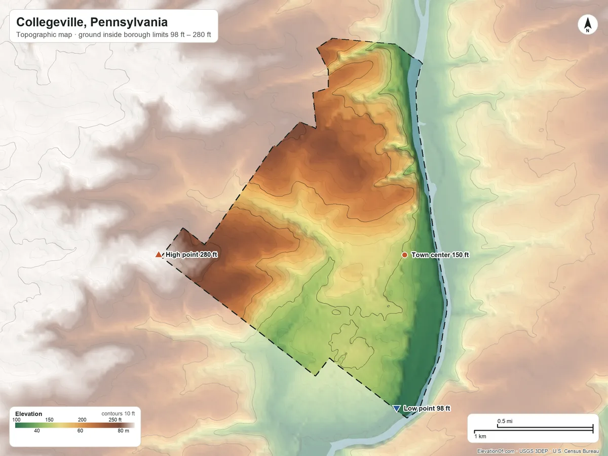 Topographic elevation map of Collegeville, Pennsylvania, shaded from 98 ft on the south side to 280 ft on the west side