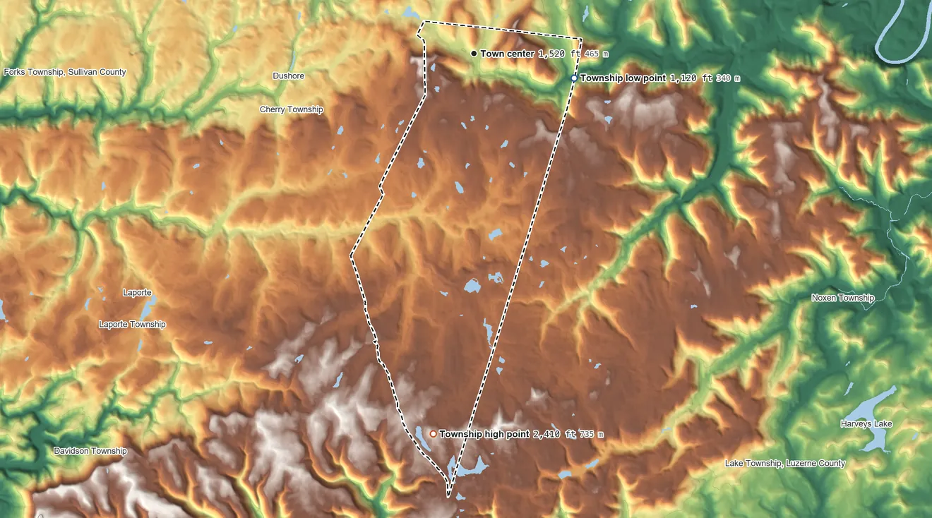 Topographic elevation map of Colley Township, Pennsylvania, shaded from 1,120 ft on the east side to 2,410 ft on the south side