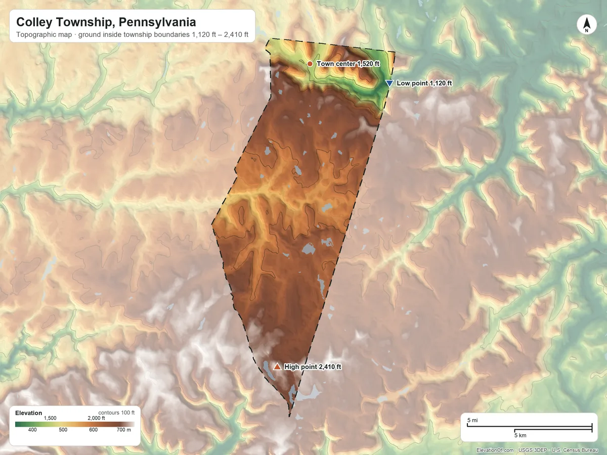 Topographic elevation map of Colley Township, Pennsylvania, shaded from 1,120 ft on the east side to 2,410 ft on the south side