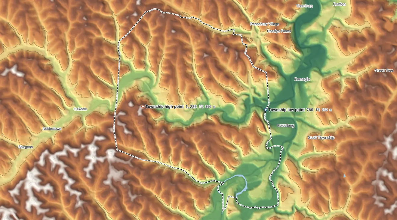 Topographic elevation map of Collier Township, Pennsylvania, shaded from 760 ft on the east side to 1,280 ft on the west side