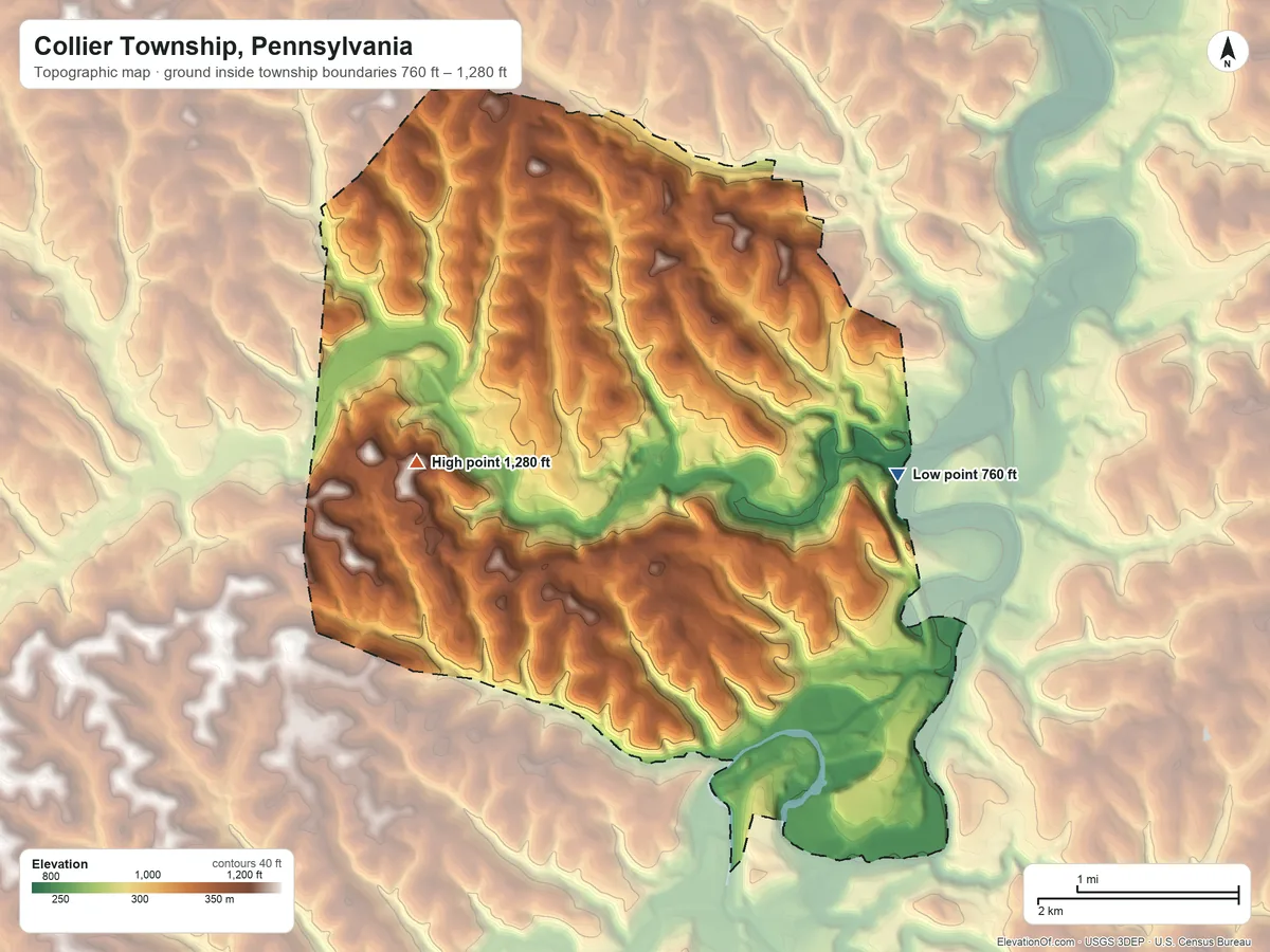 Topographic elevation map of Collier Township, Pennsylvania, shaded from 760 ft on the east side to 1,280 ft on the west side