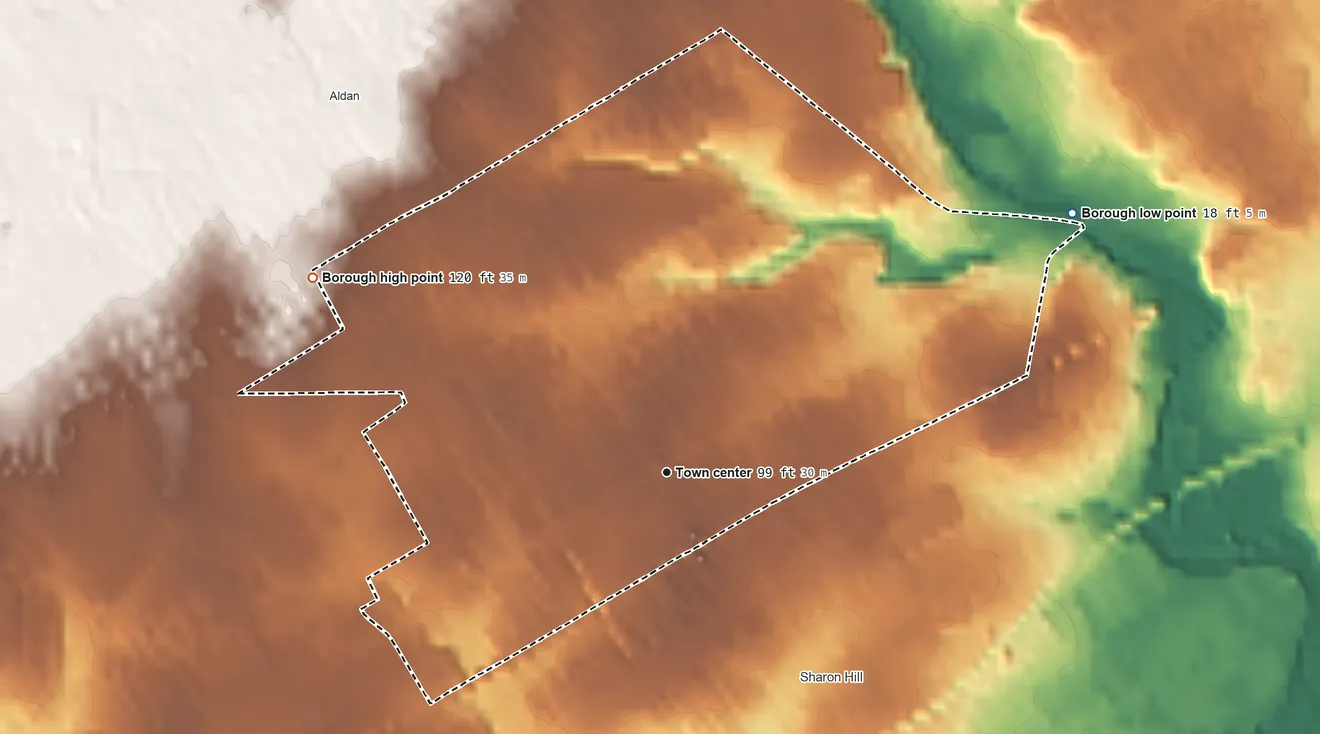 Topographic elevation map of Collingdale, Pennsylvania, shaded from 18 ft on the northeast side to 120 ft on the northwest side