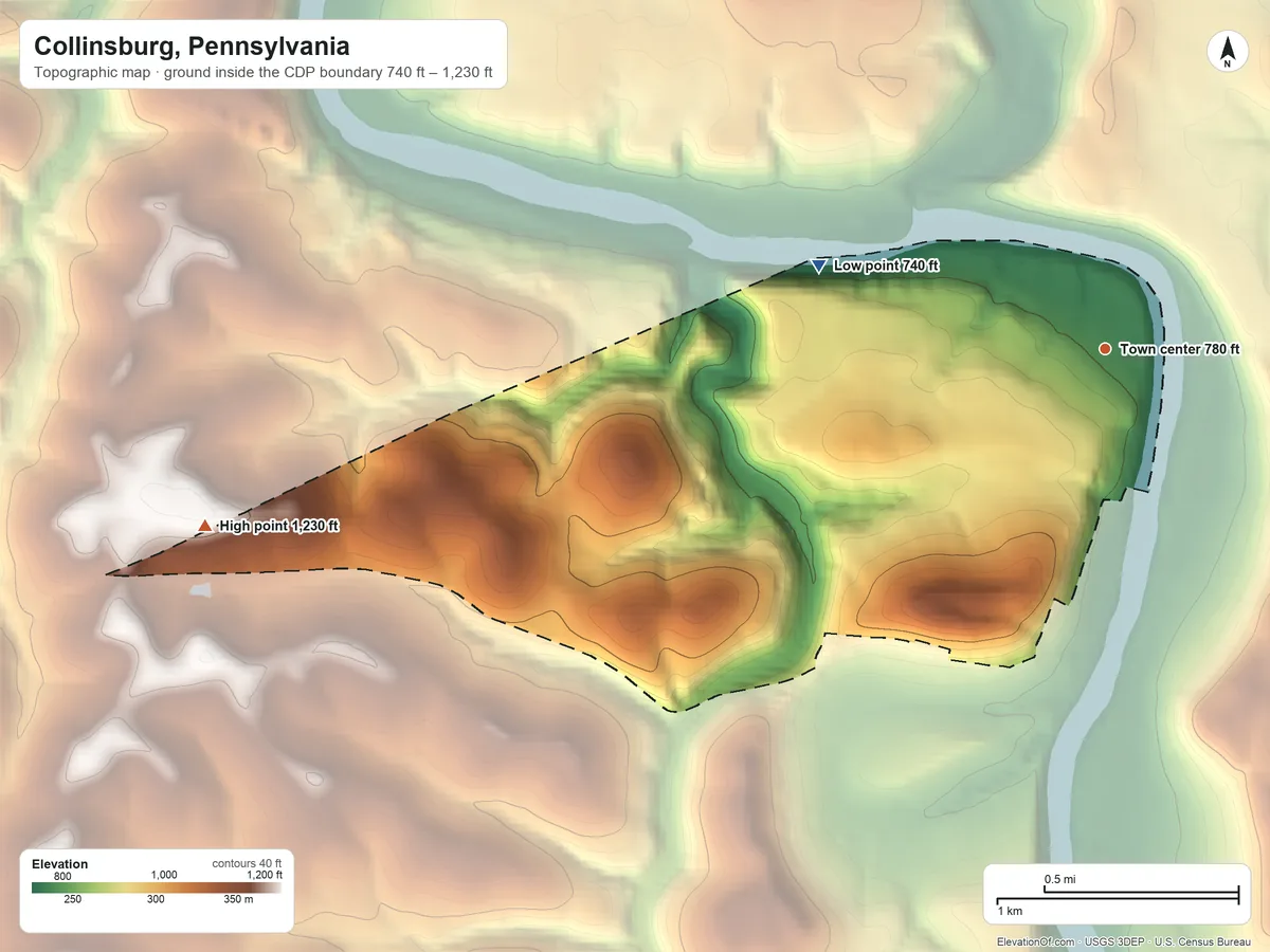 Topographic elevation map of Collinsburg, Pennsylvania, shaded from 740 ft on the west side to 1,230 ft on the west side
