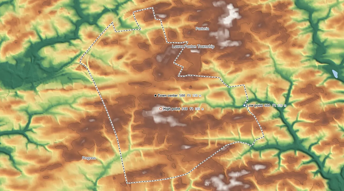 Topographic elevation map of Colonial Park, Pennsylvania, shaded from 400 ft on the east side to 540 ft near the middle