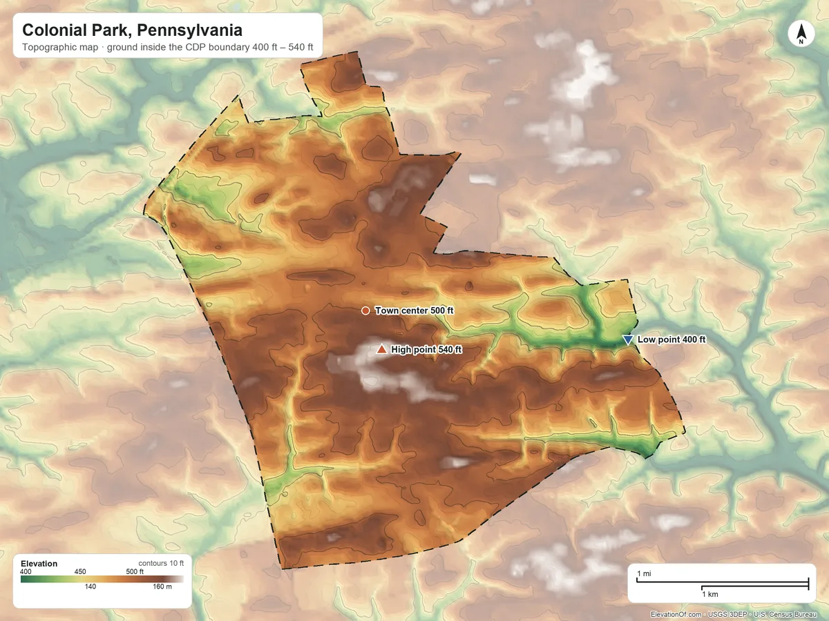 Topographic elevation map of Colonial Park, Pennsylvania, shaded from 400 ft on the east side to 540 ft near the middle