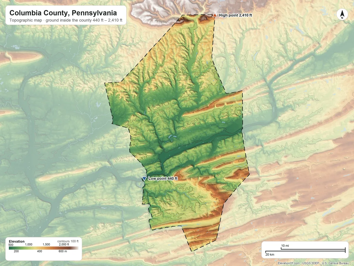 Topographic elevation map of Columbia County, Pennsylvania, shaded from 440 ft on the southwest side to 2,410 ft on the north side