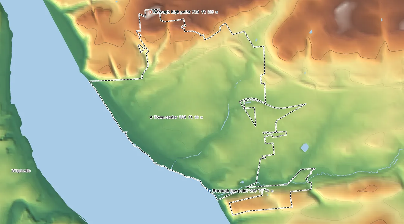 Topographic elevation map of Columbia, Pennsylvania, shaded from 230 ft on the southeast side to 710 ft on the north side