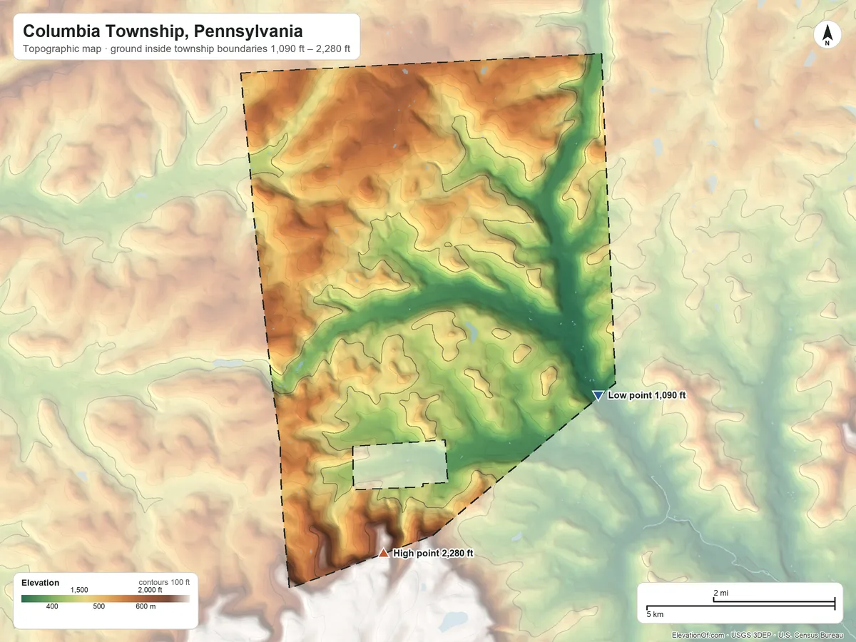 Topographic elevation map of Columbia Township, Pennsylvania, shaded from 1,090 ft on the southeast side to 2,280 ft on the south side
