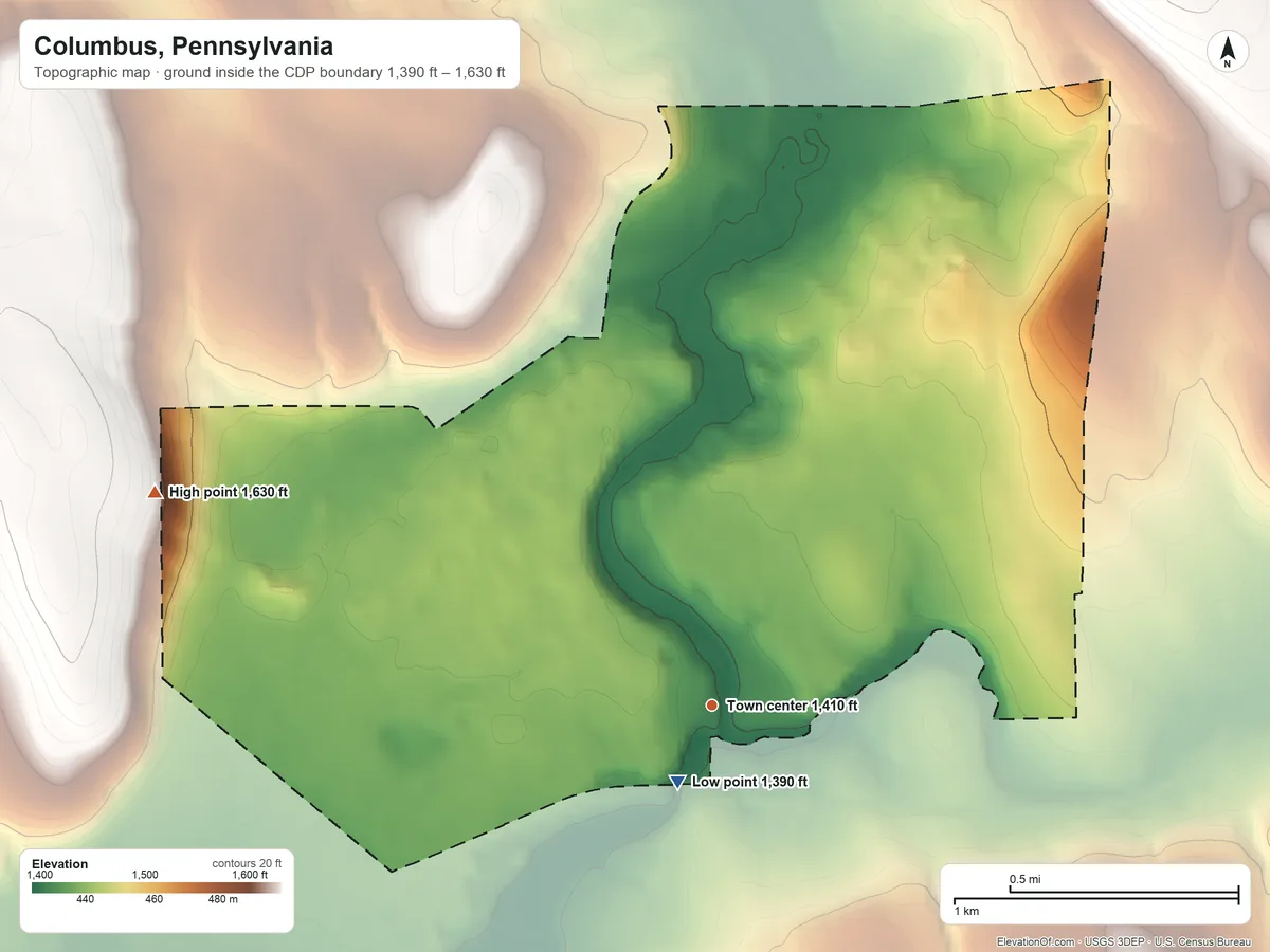 Topographic elevation map of Columbus, Pennsylvania, shaded from 1,390 ft near the middle to 1,630 ft on the west side