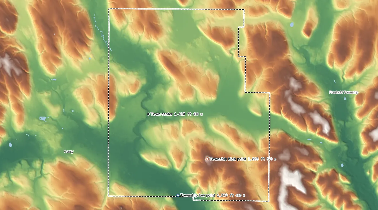 Topographic elevation map of Columbus Township, Pennsylvania, shaded from 1,370 ft on the south side to 1,880 ft on Baker Hill