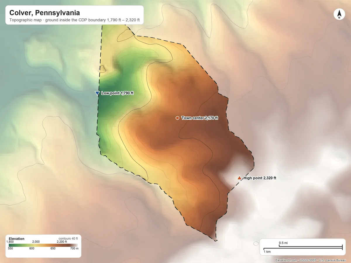 Topographic elevation map of Colver, Pennsylvania, shaded from 1,790 ft on the west side to 2,320 ft on the southeast side