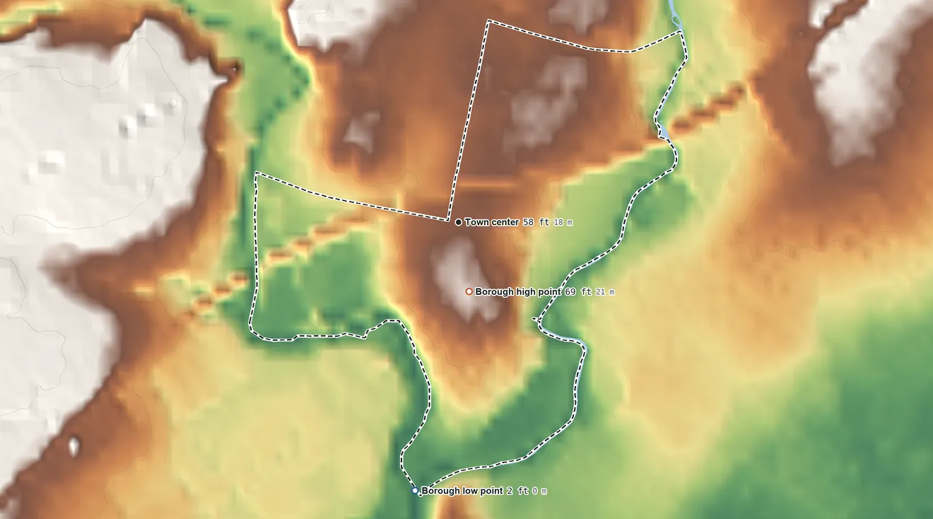 Topographic elevation map of Colwyn, Pennsylvania, shaded from 2 ft on the south side to 69 ft on the south side