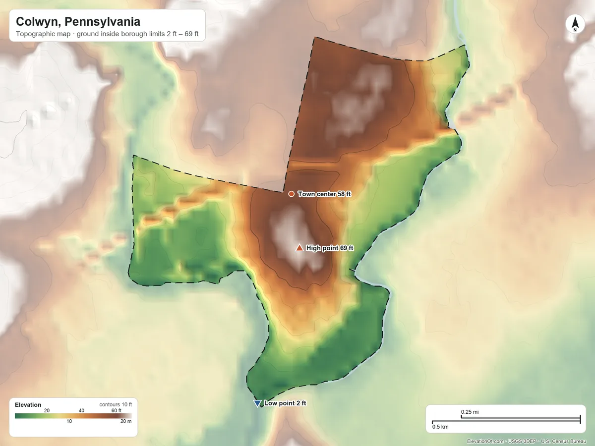 Topographic elevation map of Colwyn, Pennsylvania, shaded from 2 ft on the south side to 69 ft on the south side