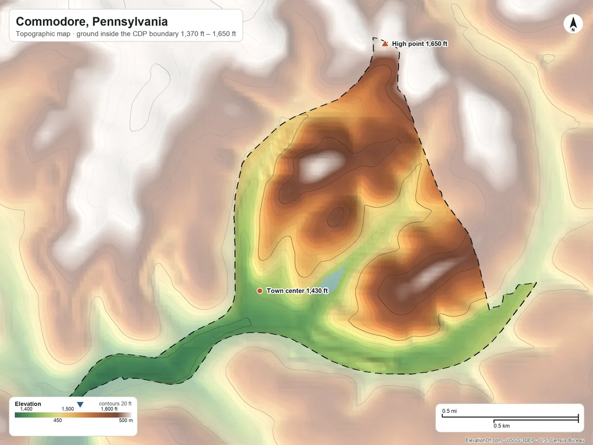 Topographic elevation map of Commodore, Pennsylvania, shaded from 1,370 ft on the southwest side to 1,650 ft on the northeast side