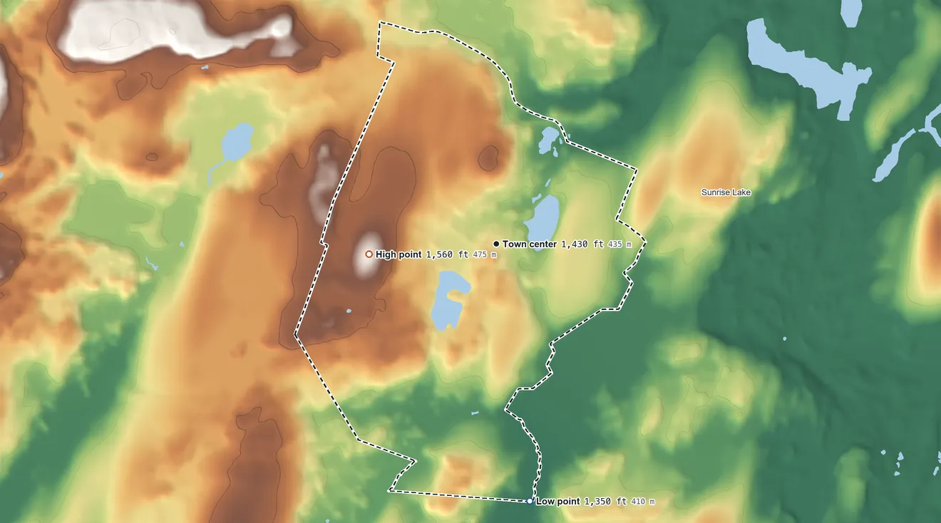 Topographic elevation map of Conashaugh Lakes, Pennsylvania, shaded from 1,350 ft on the south side to 1,560 ft on the west side