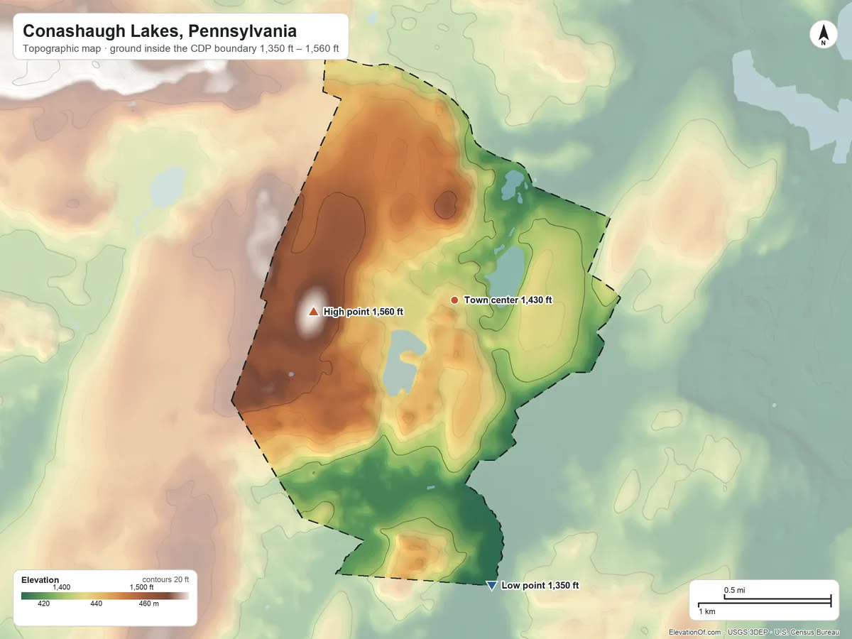 Topographic elevation map of Conashaugh Lakes, Pennsylvania, shaded from 1,350 ft on the south side to 1,560 ft on the west side