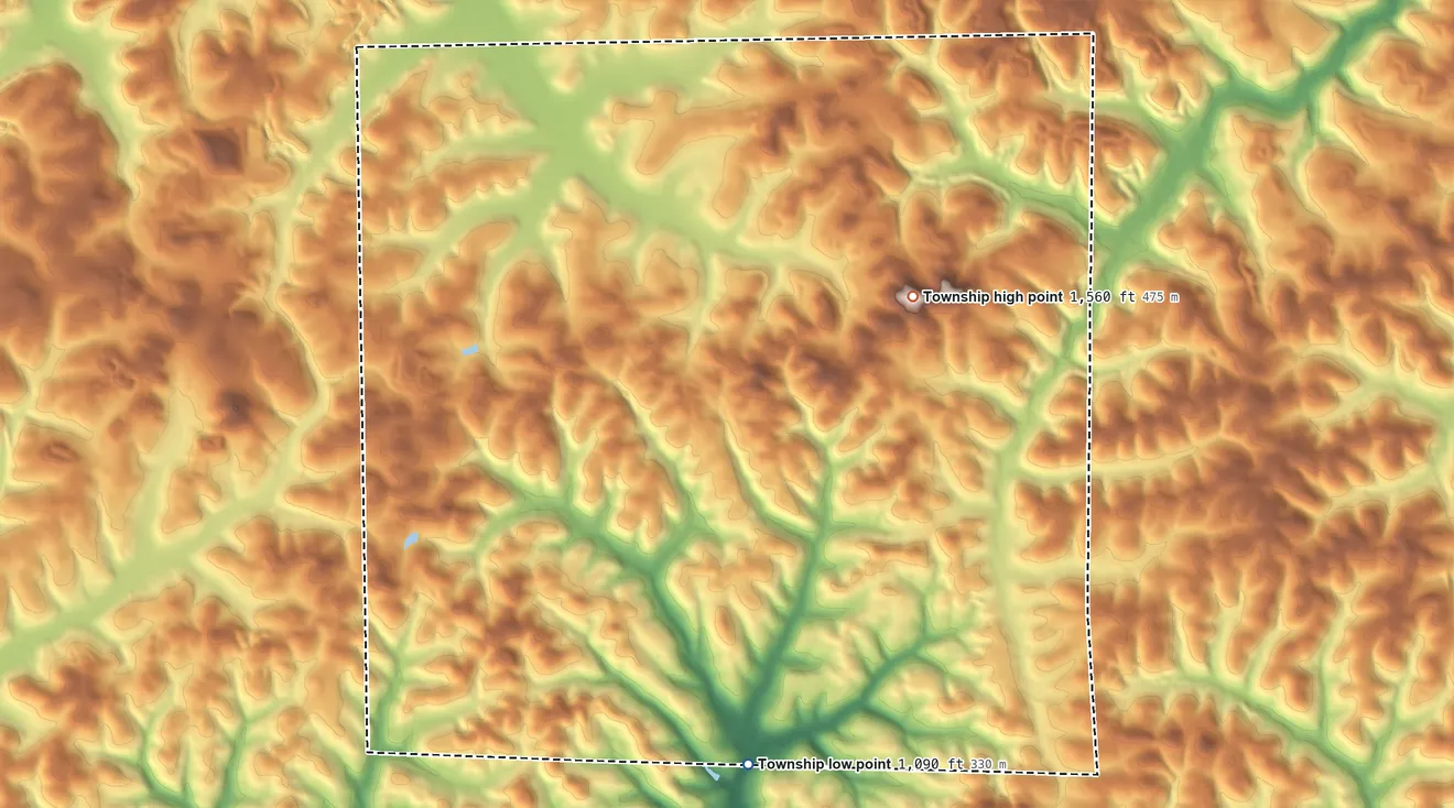 Topographic elevation map of Concord Township, Butler County, Pennsylvania, shaded from 1,090 ft on the south side to 1,560 ft on the northeast side