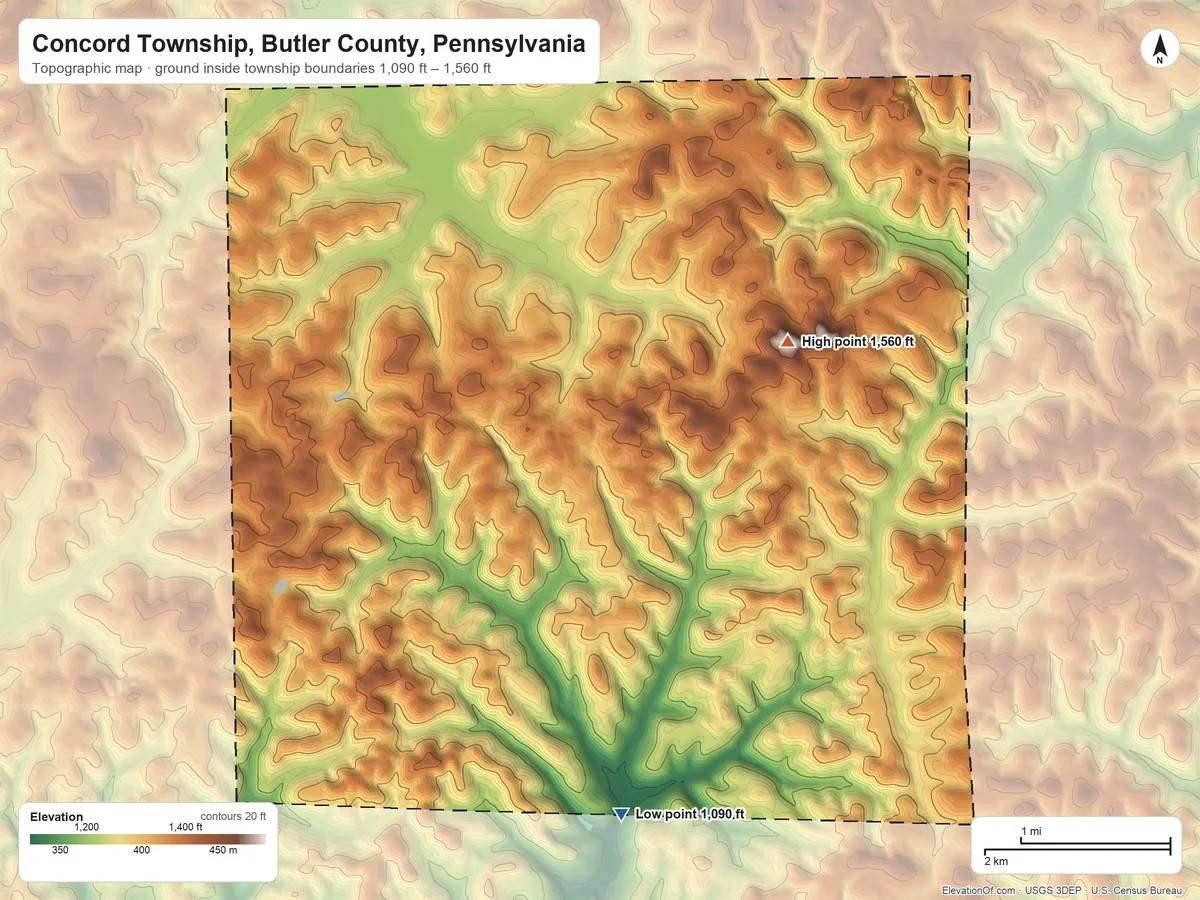 Topographic elevation map of Concord Township, Butler County, Pennsylvania, shaded from 1,090 ft on the south side to 1,560 ft on the northeast side