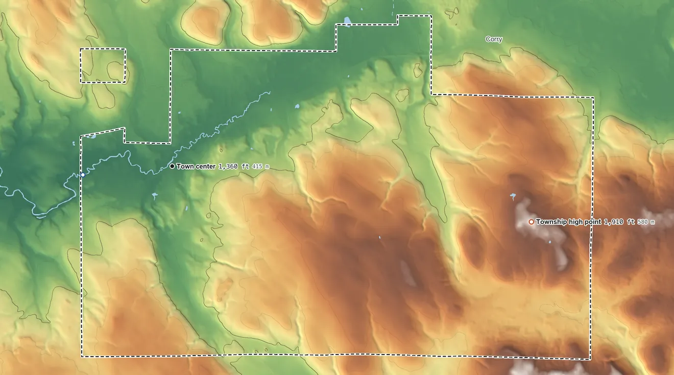 Topographic elevation map of Concord Township, Erie County, Pennsylvania, shaded from 1,340 ft on the west side to 1,910 ft on the east side