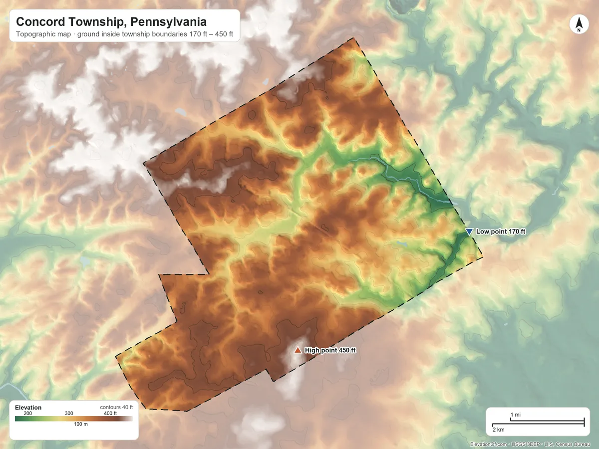 Topographic elevation map of Concord Township, Pennsylvania, shaded from 170 ft on the east side to 450 ft on the south side