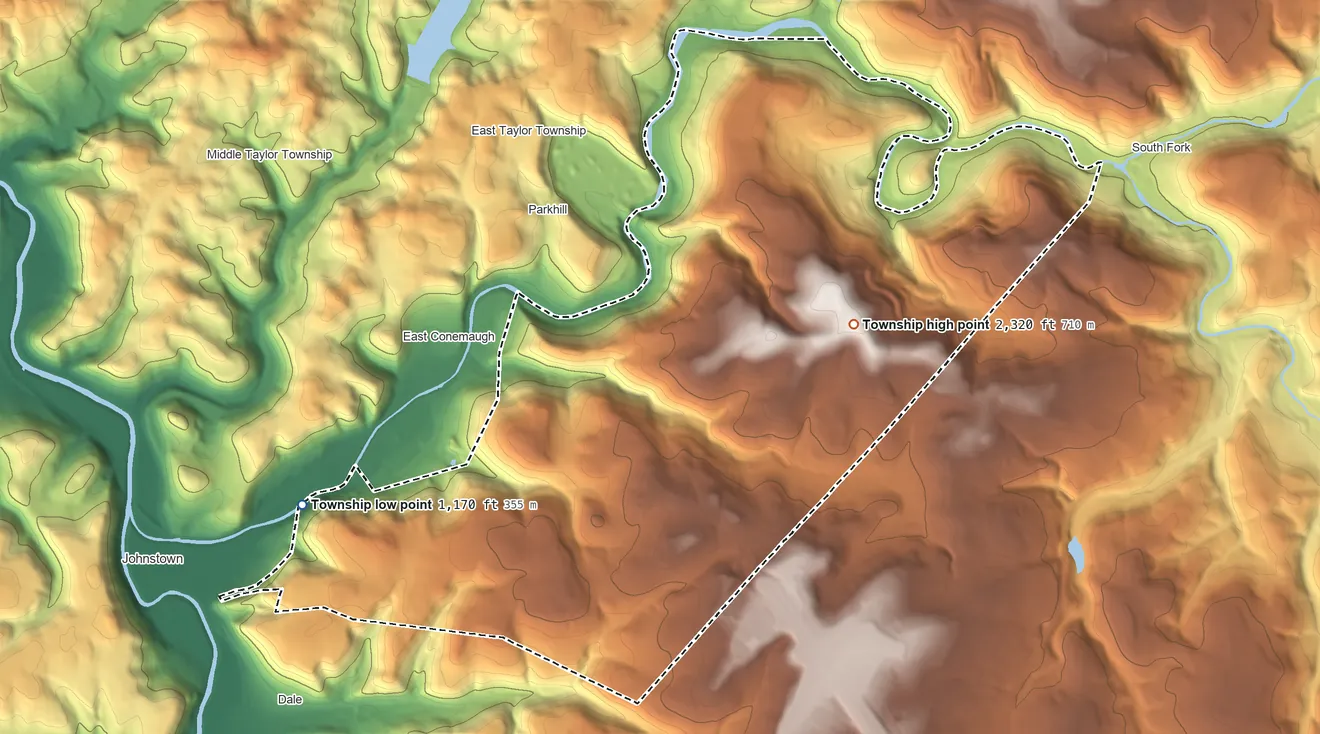 Topographic elevation map of Conemaugh Township, Cambria County, Pennsylvania, shaded from 1,170 ft on the west side to 2,320 ft on the northeast side