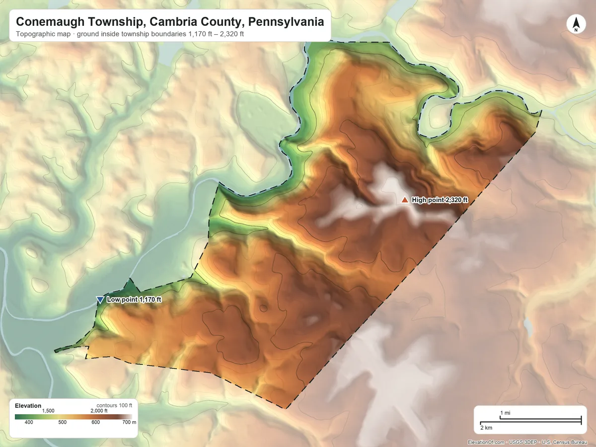 Topographic elevation map of Conemaugh Township, Cambria County, Pennsylvania, shaded from 1,170 ft on the west side to 2,320 ft on the northeast side