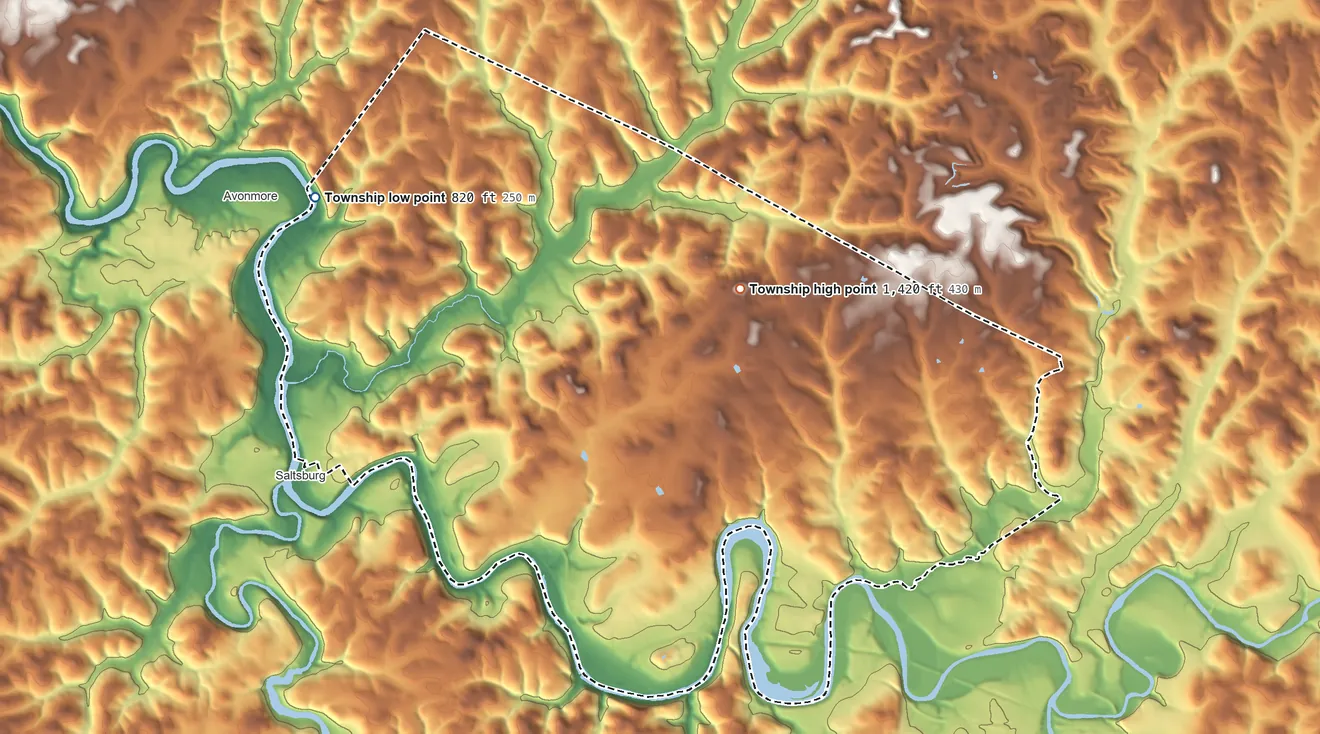 Topographic elevation map of Conemaugh Township, Indiana County, Pennsylvania, shaded from 820 ft on the northwest side to 1,420 ft on the northeast side