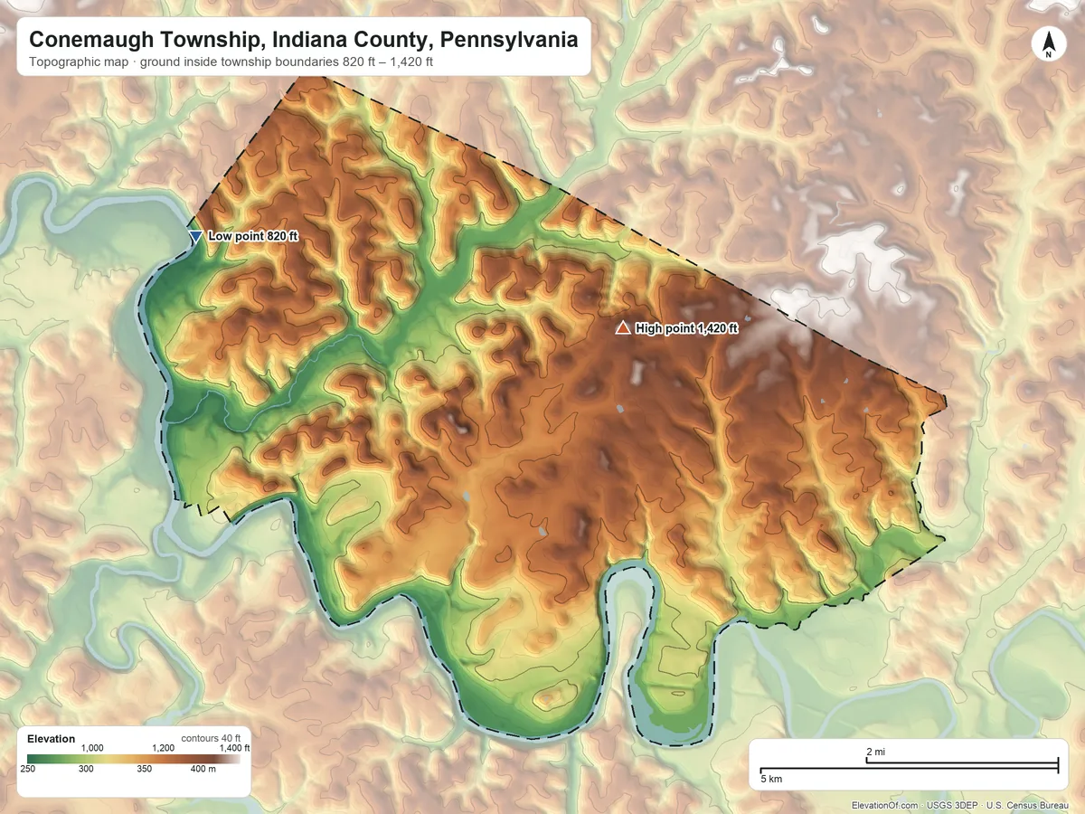 Topographic elevation map of Conemaugh Township, Indiana County, Pennsylvania, shaded from 820 ft on the northwest side to 1,420 ft on the northeast side