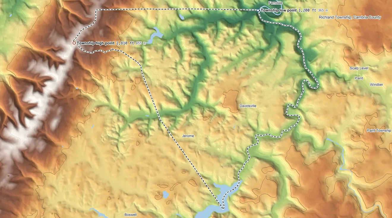 Topographic elevation map of Conemaugh Township, Pennsylvania, shaded from 1,200 ft on the north side to 2,810 ft on the west side