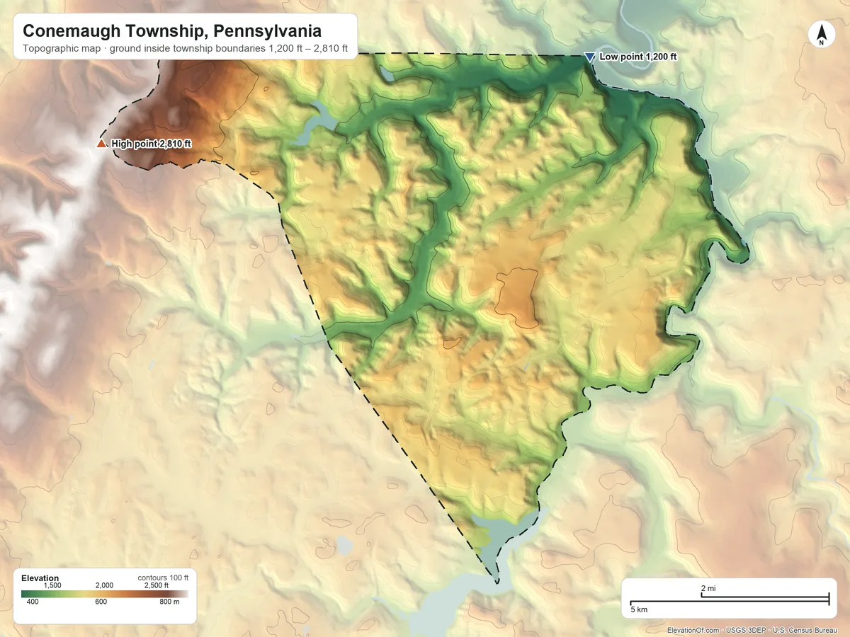 Topographic elevation map of Conemaugh Township, Pennsylvania, shaded from 1,200 ft on the north side to 2,810 ft on the west side