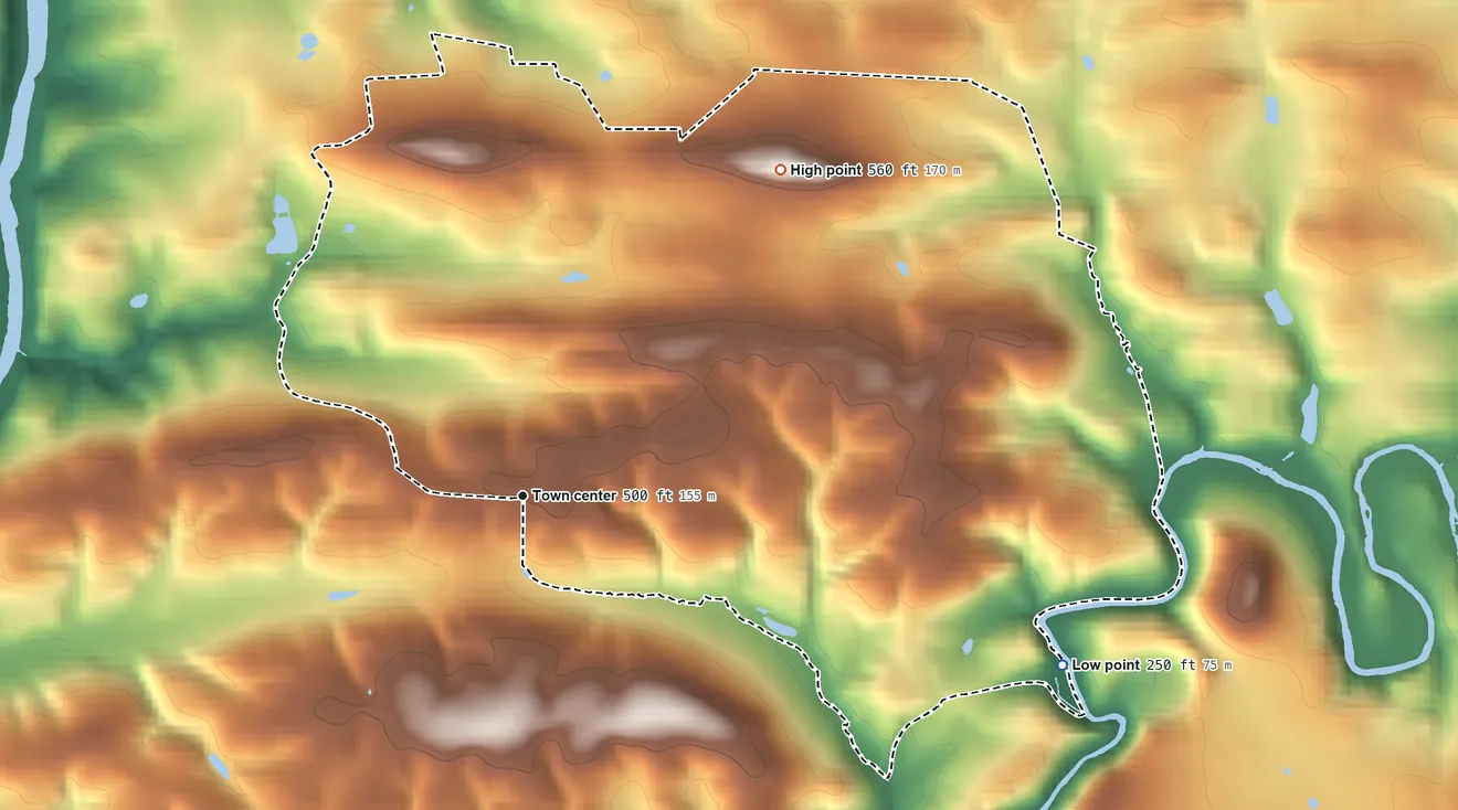 Topographic elevation map of Conestoga, Pennsylvania, shaded from 250 ft on the east side to 560 ft on the northeast side