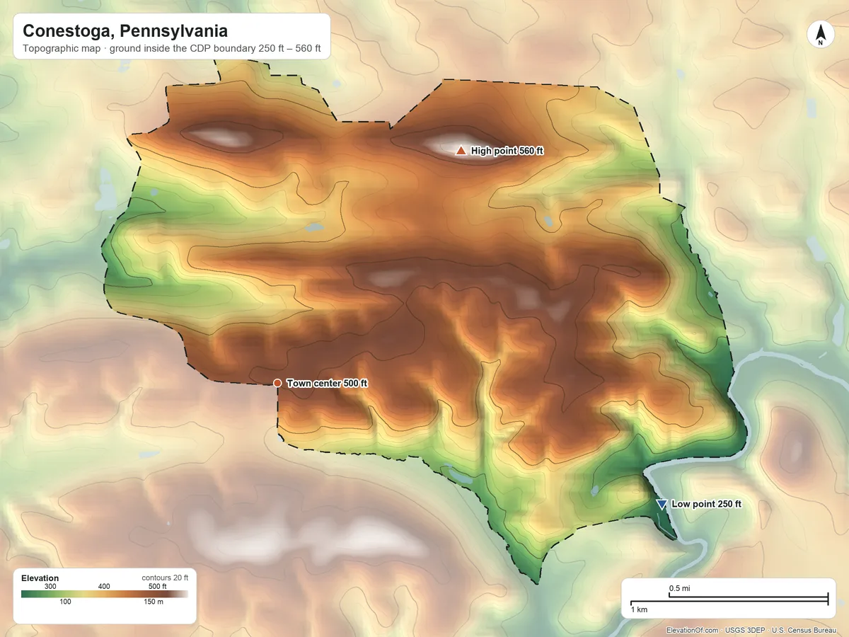 Topographic elevation map of Conestoga, Pennsylvania, shaded from 250 ft on the east side to 560 ft on the northeast side