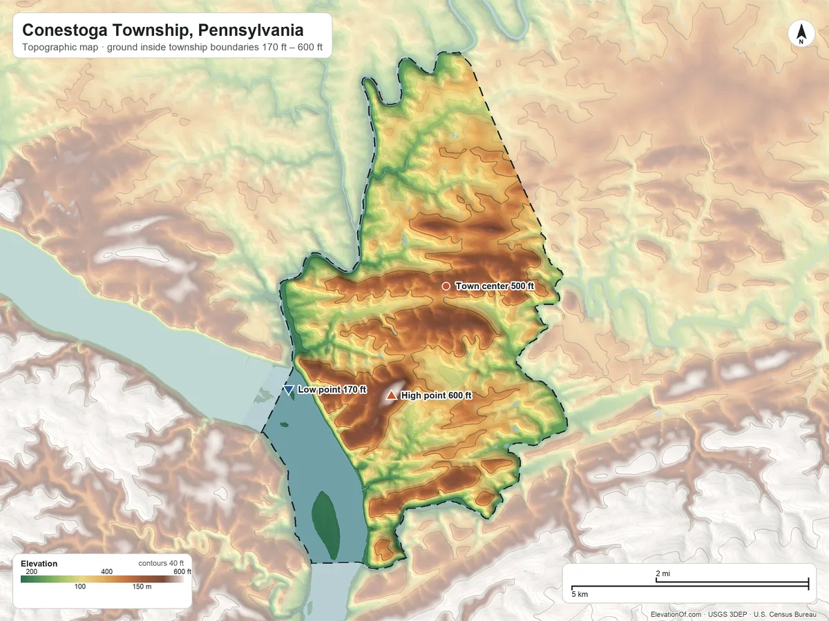 Topographic elevation map of Conestoga Township, Pennsylvania, shaded from 170 ft on the southwest side to 600 ft on the southwest side