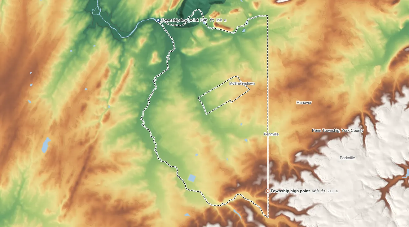 Topographic elevation map of Conewago Township, Adams County, Pennsylvania, shaded from 500 ft on the northwest side to 680 ft on the southeast side