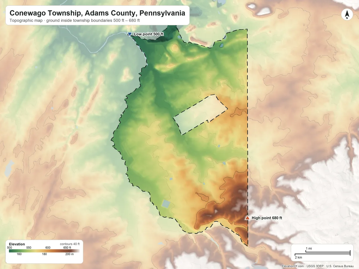 Topographic elevation map of Conewago Township, Adams County, Pennsylvania, shaded from 500 ft on the northwest side to 680 ft on the southeast side