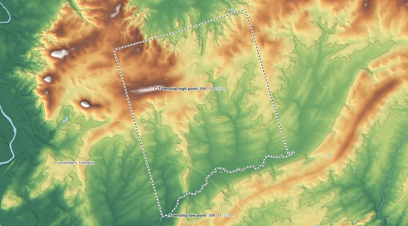 Topographic elevation map of Conewago Township, Dauphin County, Pennsylvania, shaded from 380 ft on the south side to 800 ft on the west side