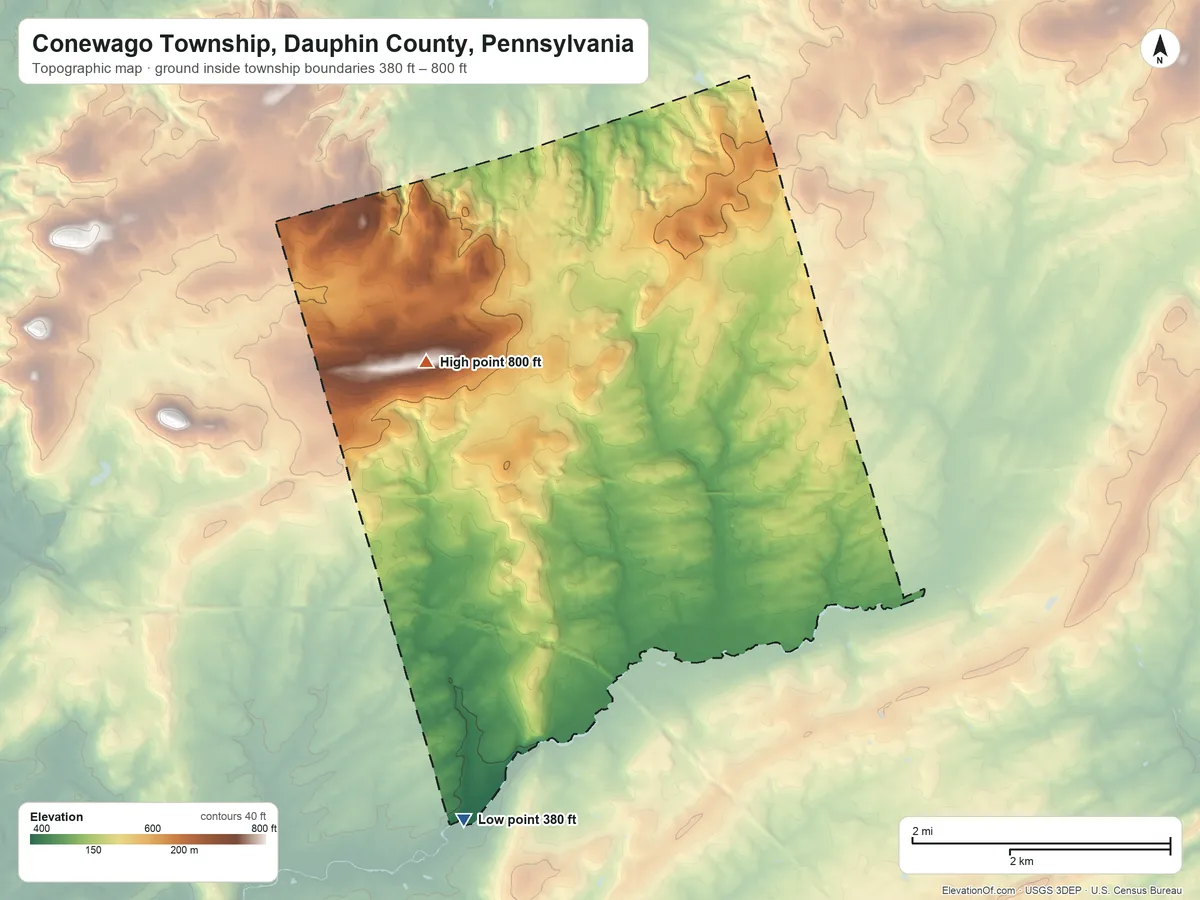 Topographic elevation map of Conewago Township, Dauphin County, Pennsylvania, shaded from 380 ft on the south side to 800 ft on the west side