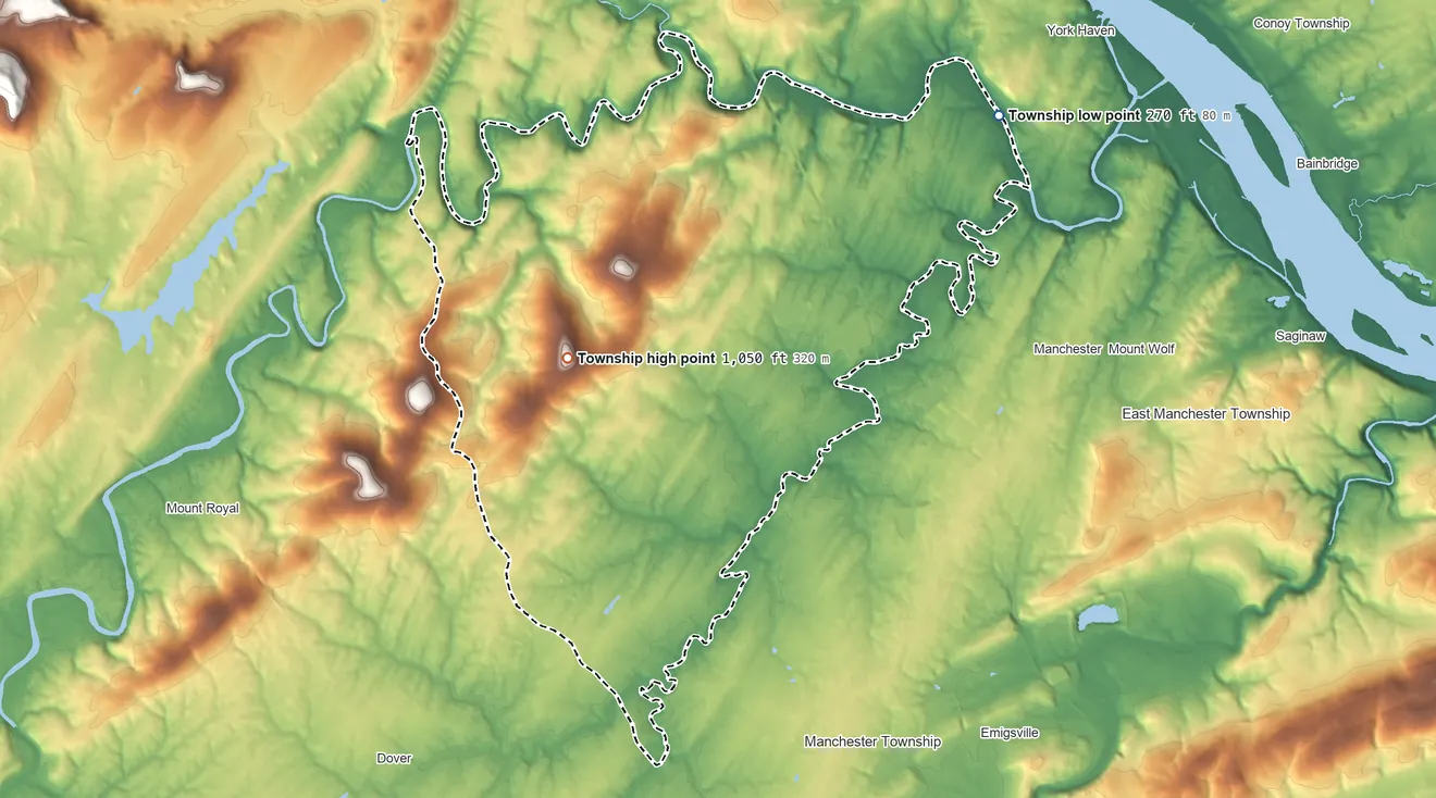 Topographic elevation map of Conewago Township, Pennsylvania, shaded from 270 ft on the northeast side to 1,050 ft on the west side