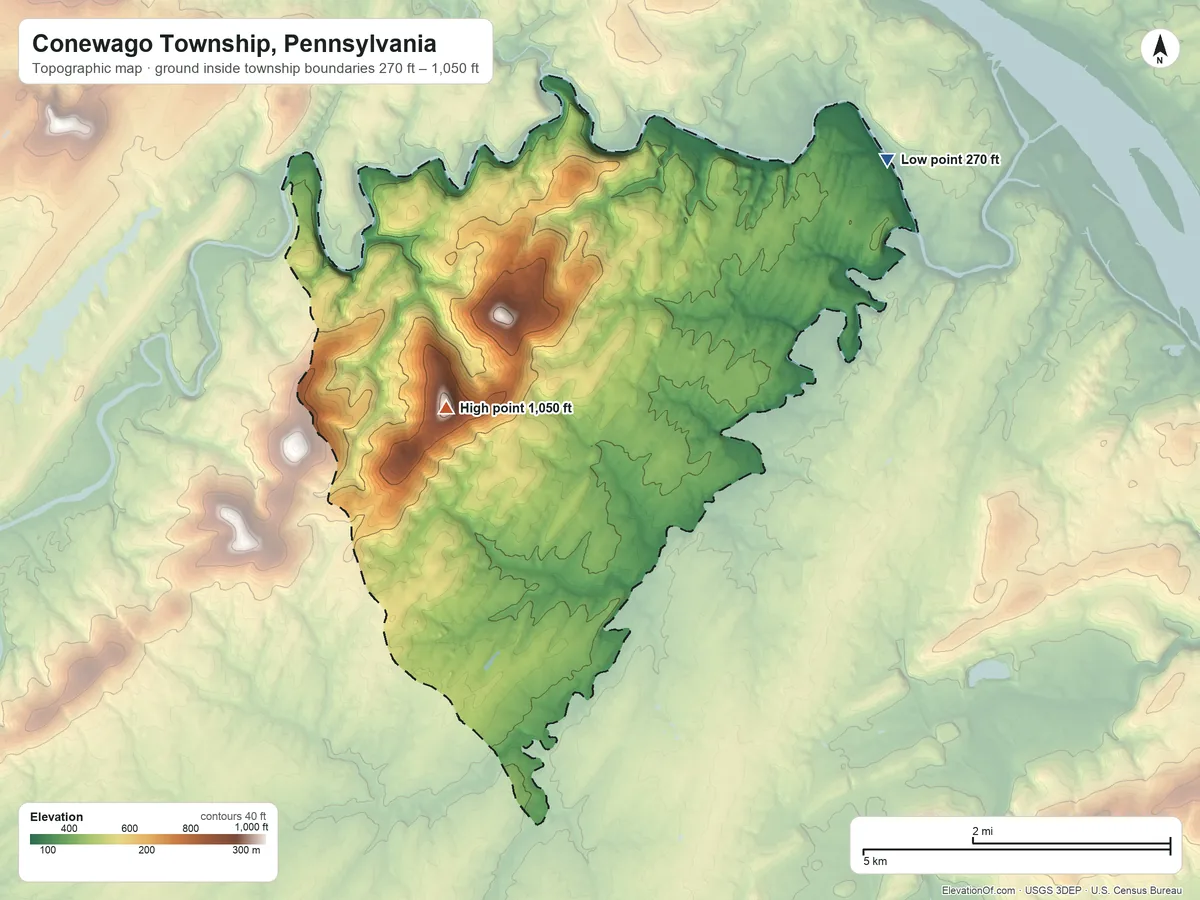 Topographic elevation map of Conewago Township, Pennsylvania, shaded from 270 ft on the northeast side to 1,050 ft on the west side