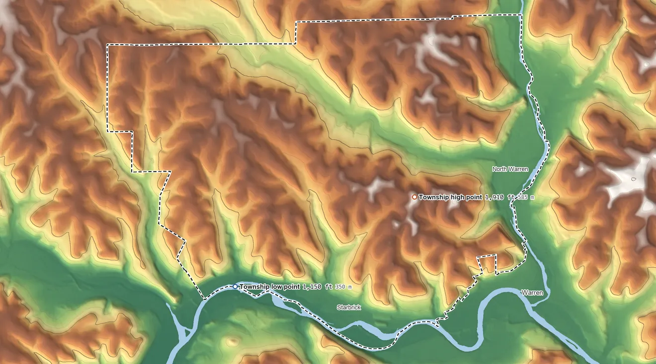 Topographic elevation map of Conewango Township, Pennsylvania, shaded from 1,150 ft on the southwest side to 1,910 ft on Yankee Bush Hill