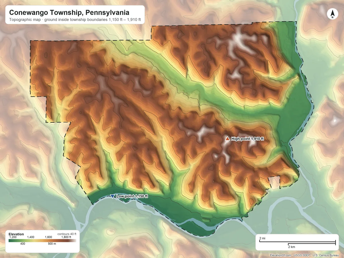 Topographic elevation map of Conewango Township, Pennsylvania, shaded from 1,150 ft on the southwest side to 1,910 ft on Yankee Bush Hill