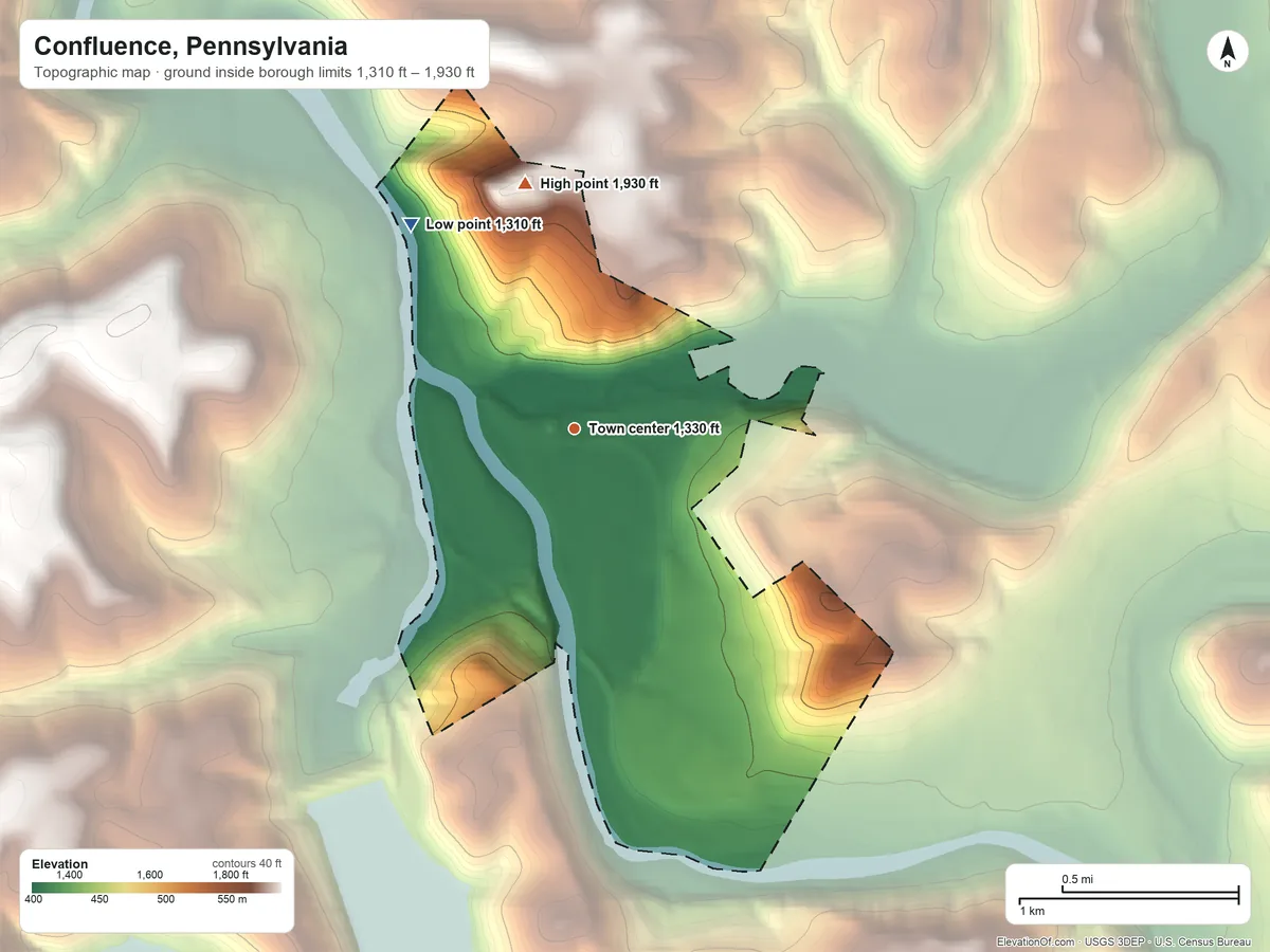 Topographic elevation map of Confluence, Pennsylvania, shaded from 1,310 ft on the northwest side to 1,930 ft on the north side