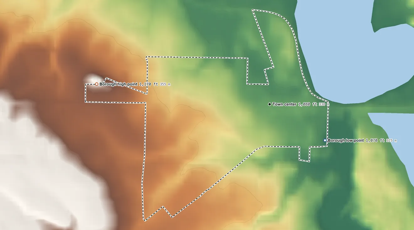 Topographic elevation map of Conneaut Lake, Pennsylvania, shaded from 1,070 ft on the southeast side to 1,170 ft on the west side