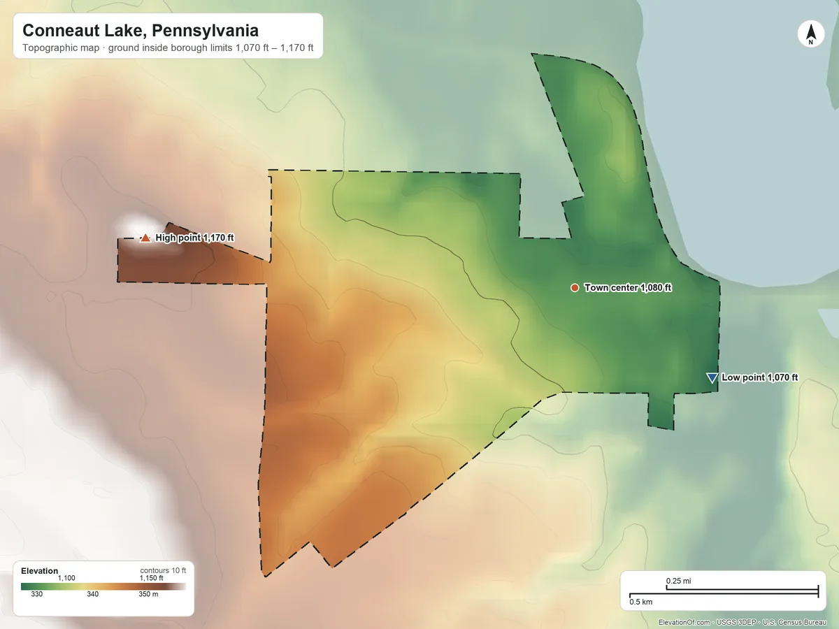 Topographic elevation map of Conneaut Lake, Pennsylvania, shaded from 1,070 ft on the southeast side to 1,170 ft on the west side