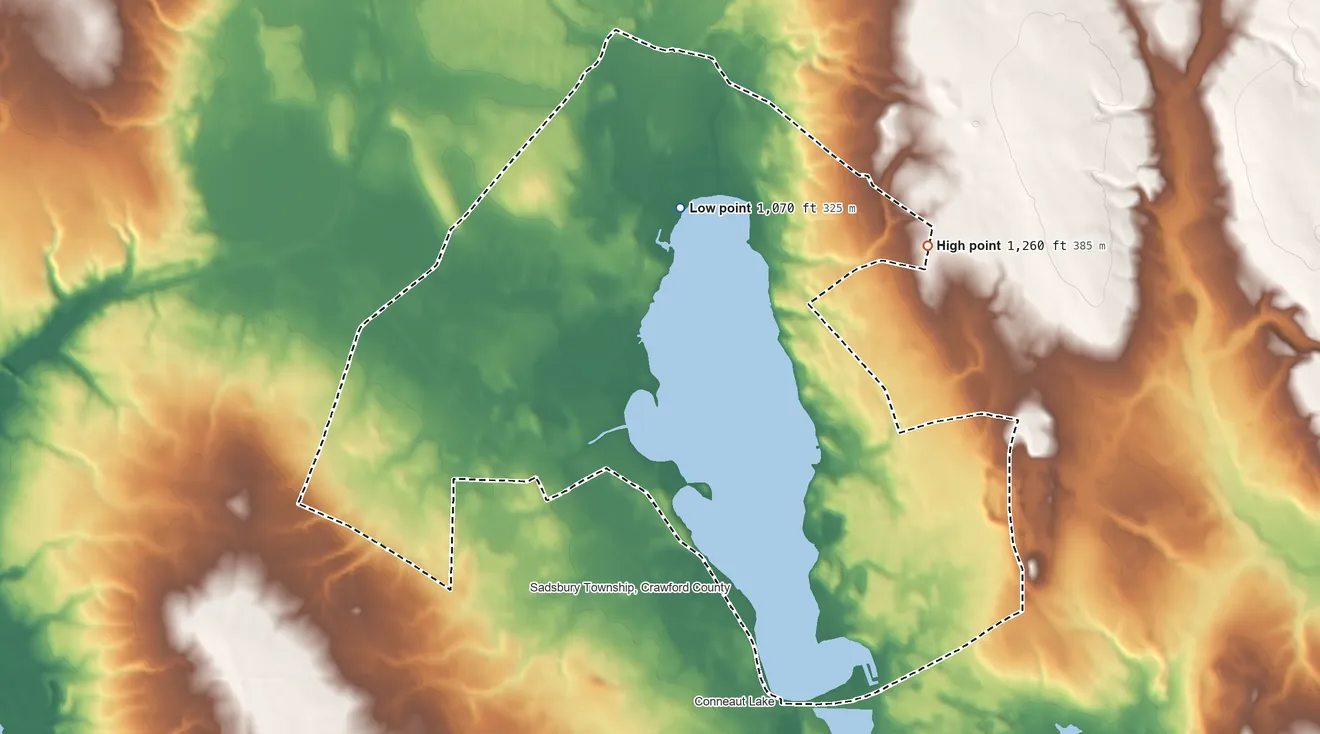 Topographic elevation map of Conneaut Lakeshore, Pennsylvania, shaded from 1,070 ft on the northwest side to 1,260 ft on the northeast side