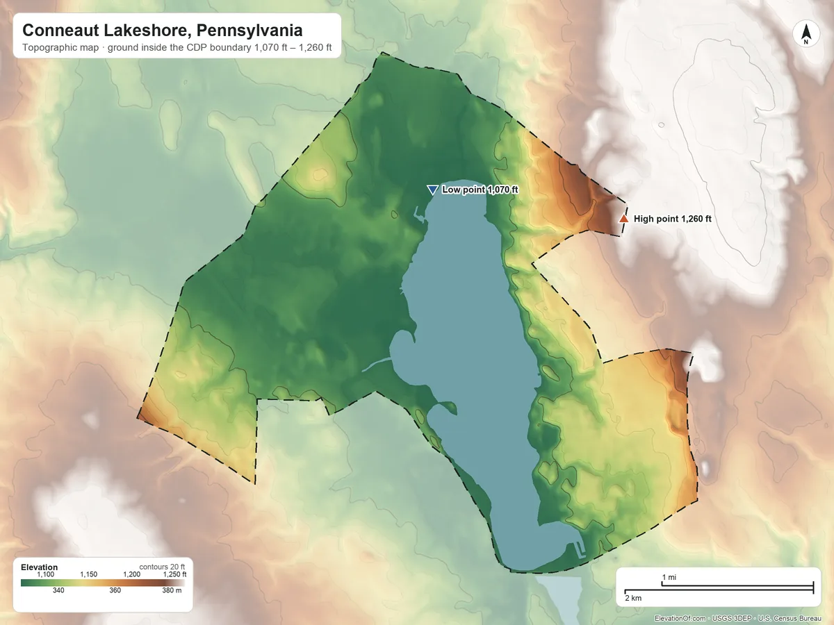 Topographic elevation map of Conneaut Lakeshore, Pennsylvania, shaded from 1,070 ft on the northwest side to 1,260 ft on the northeast side