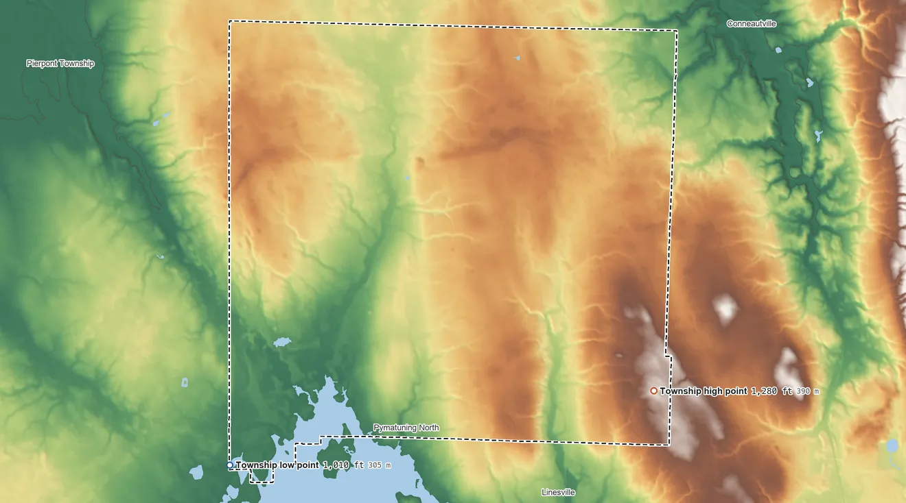 Topographic elevation map of Conneaut Township, Crawford County, Pennsylvania, shaded from 1,010 ft on the southwest side to 1,280 ft on the southeast side
