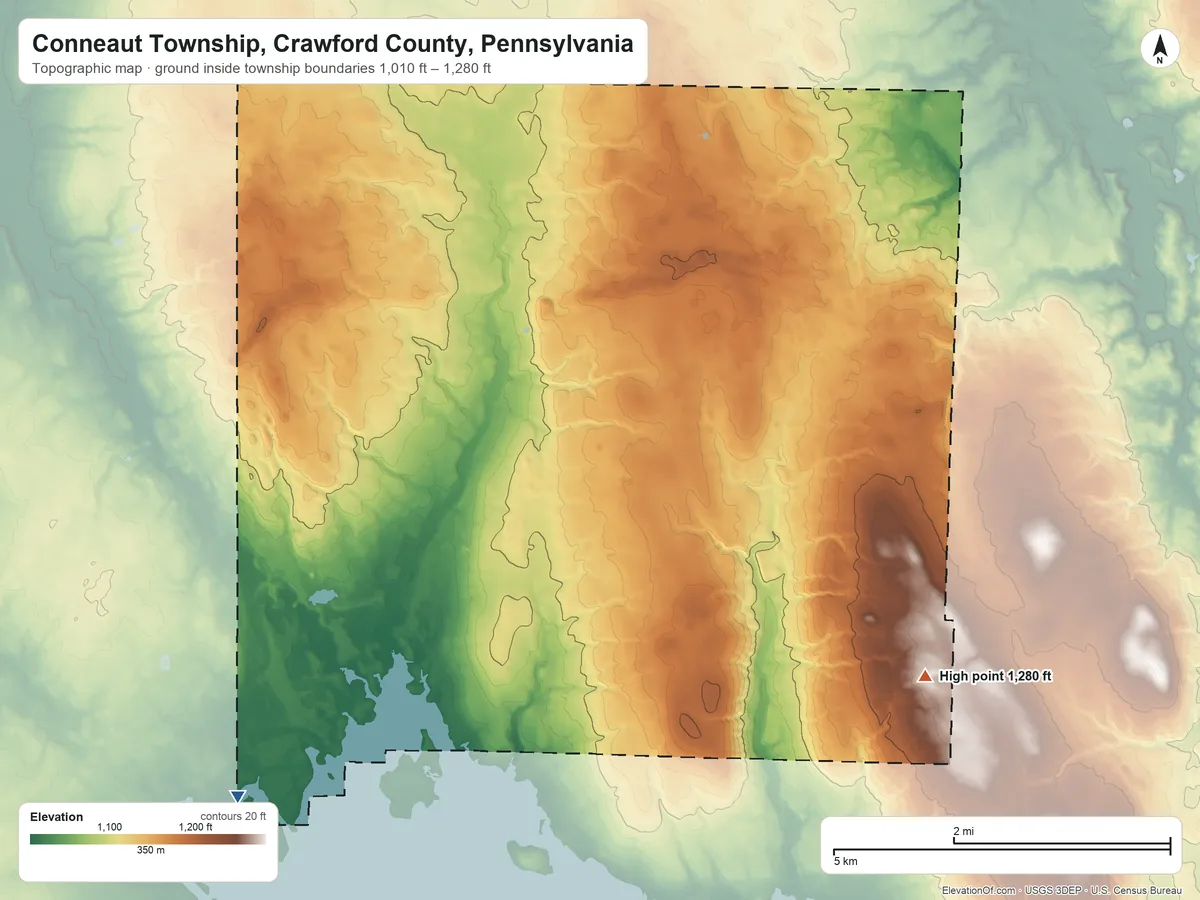 Topographic elevation map of Conneaut Township, Crawford County, Pennsylvania, shaded from 1,010 ft on the southwest side to 1,280 ft on the southeast side