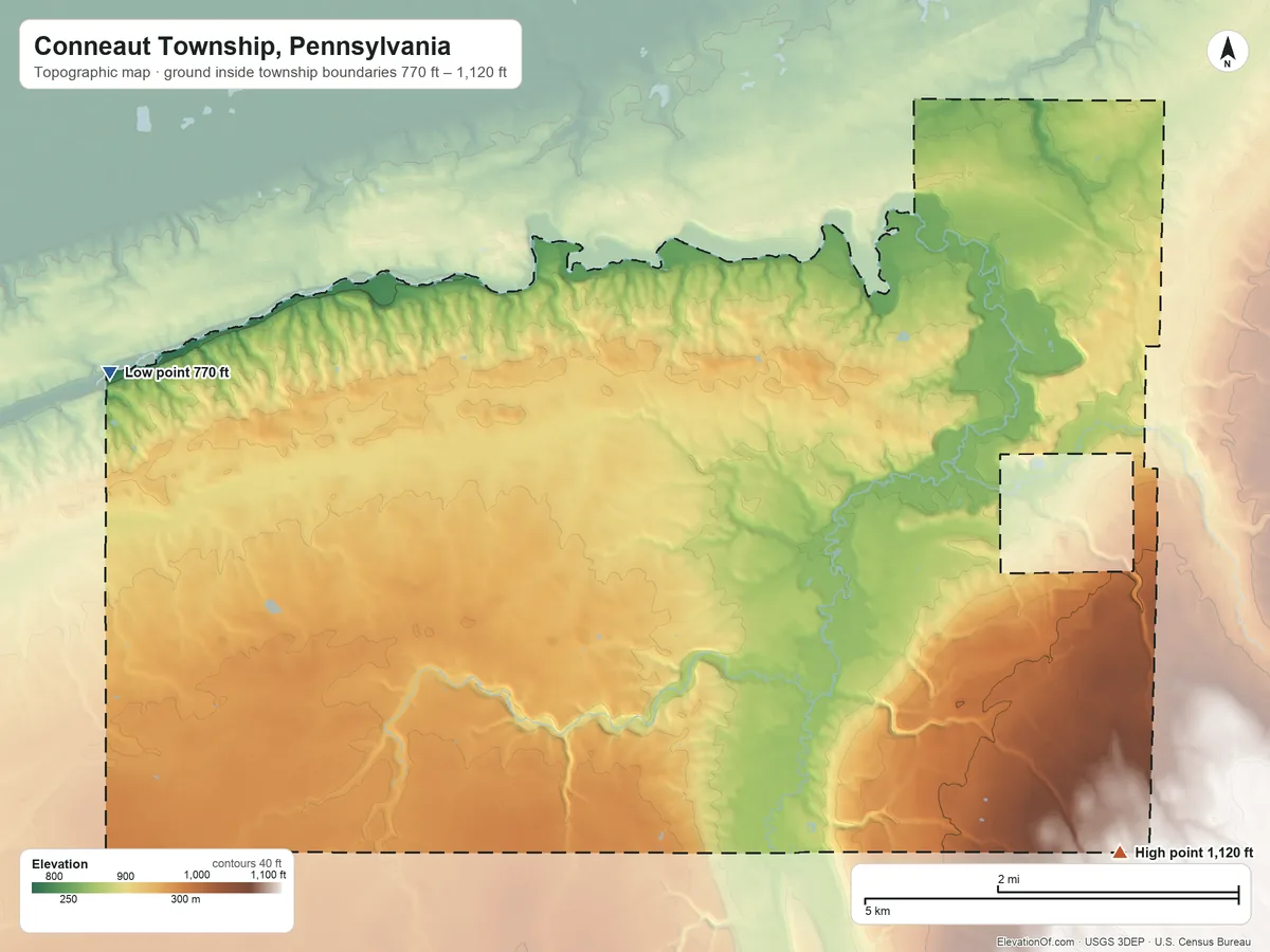 Topographic elevation map of Conneaut Township, Pennsylvania, shaded from 770 ft on the west side to 1,120 ft on the southeast side