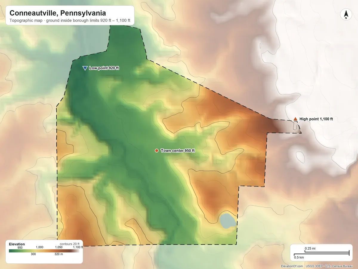 Topographic elevation map of Conneautville, Pennsylvania, shaded from 920 ft on the northwest side to 1,100 ft on the east side